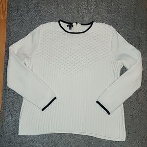 Talbots womens white cable bobble knit 3D sweater Sz XL navy trim 100% cotton